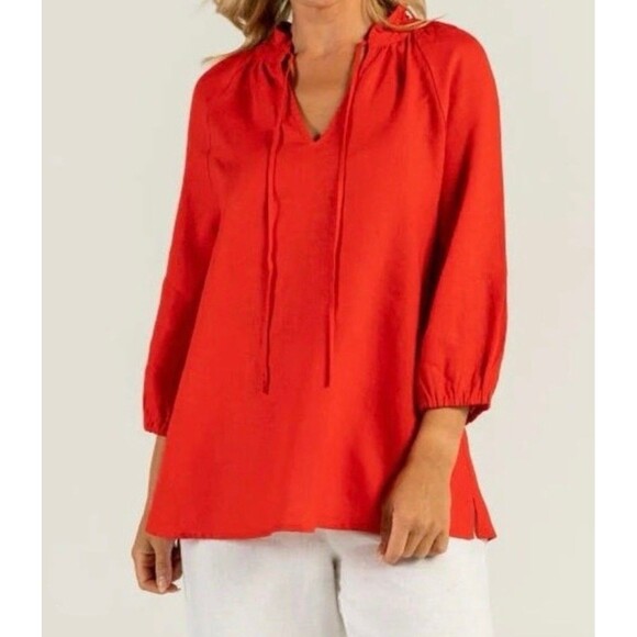 Tops - J Crew Linen Blend Tunic Blouse Size XS 3/4 Sleeves Tie V-Neck Red Preppy